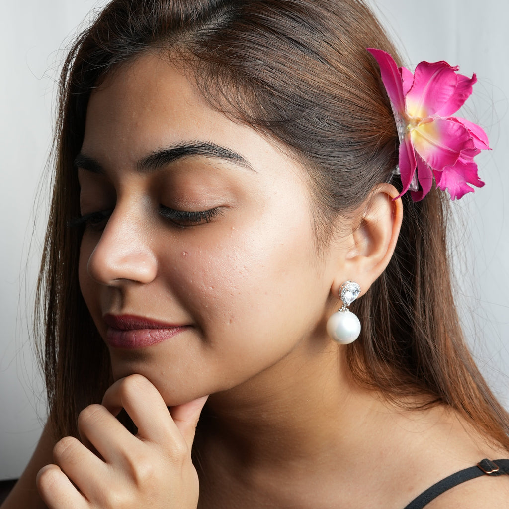 pearl diamond silver earring